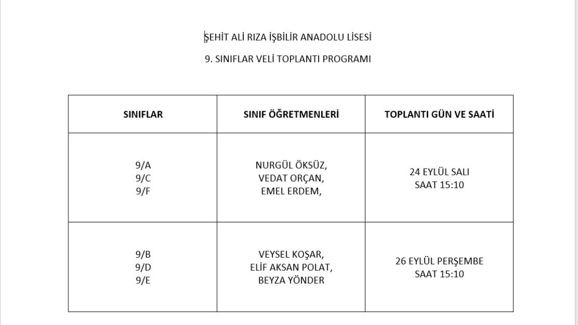 9. Sınıflar Veli Toplantı Duyurusu